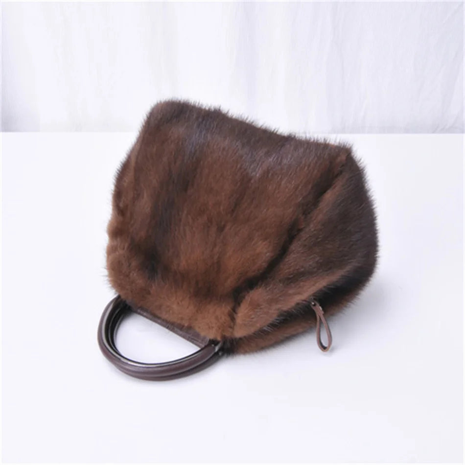 Women's Mink Fur Handbag 2026 New Fashion Designer Fluffy Fur Wrist Bag Large Capacity Soft Shopping Bag Girl Cute Handbag