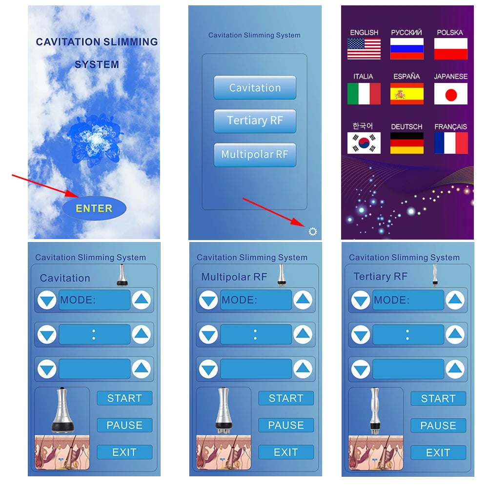 Digital interface screens for a 3-in-1 cavitation slimming and RF skin tightening device with multiple language options.