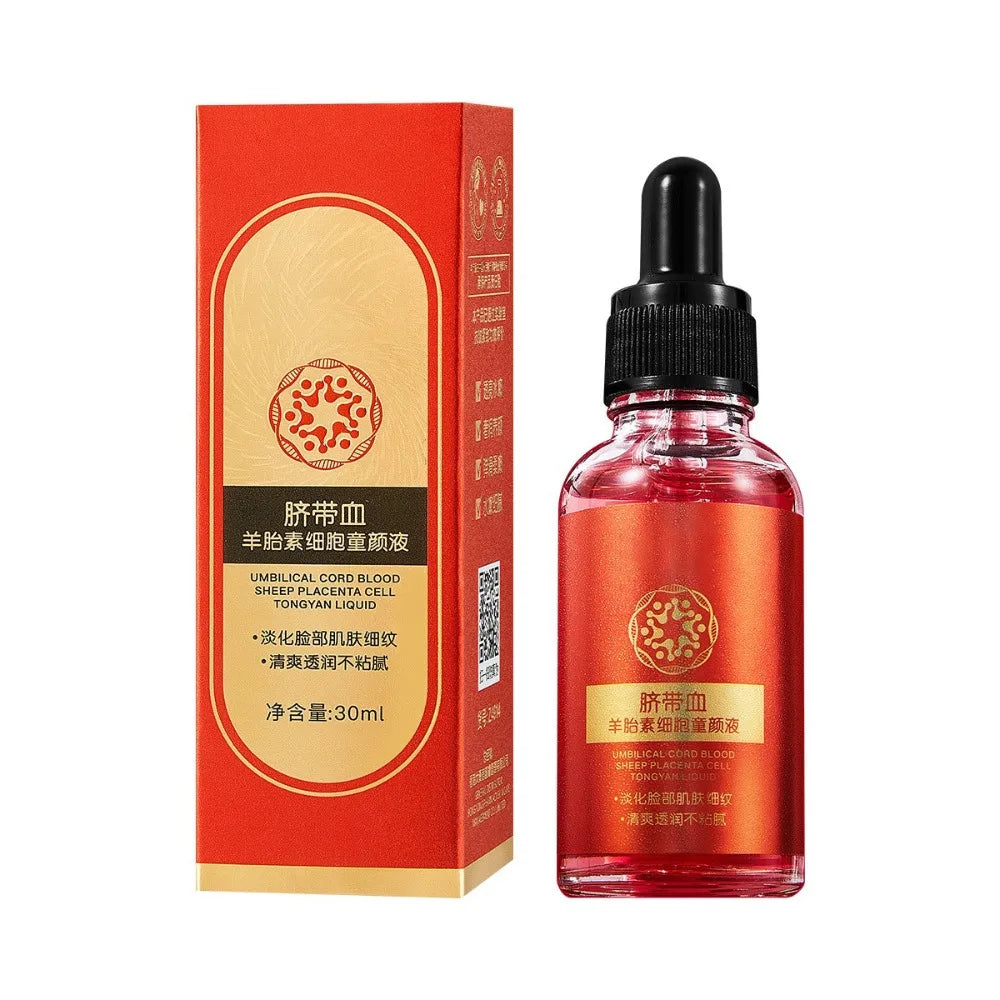 30ml Umbilical Cord Blood Sheep Placenta Cell Serum in a red dropper glass bottle for delicate, anti-aging skincare.