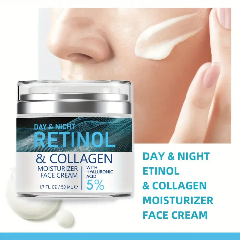 Jar of ENVISHA Retinol & Collagen face cream with a silver lid next to a close-up of cream being applied to skin.