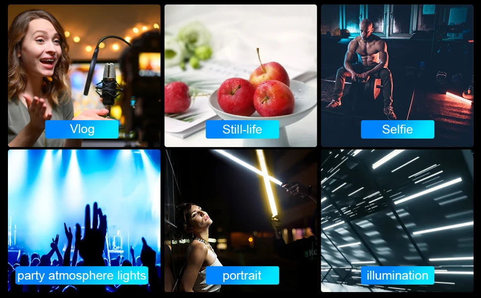 LED light wand for photography and video, showing versatile uses like vlogging, still-life, portraits, and parties.