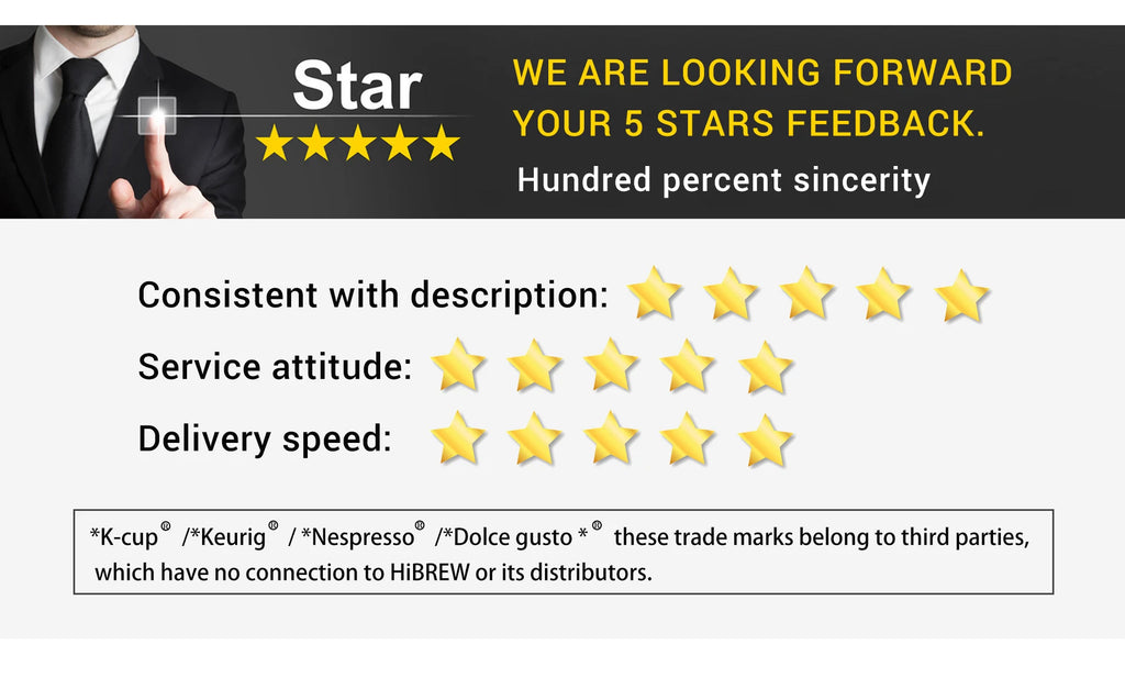 HiBREW customer feedback graphic requesting 5-star ratings for coffee maker service, delivery, and item description.