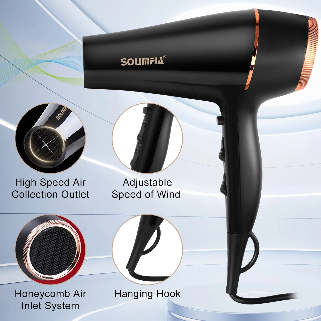 Black professional hair dryer with rose gold accents, speed settings, honeycomb intake, and convenient hanging hook.