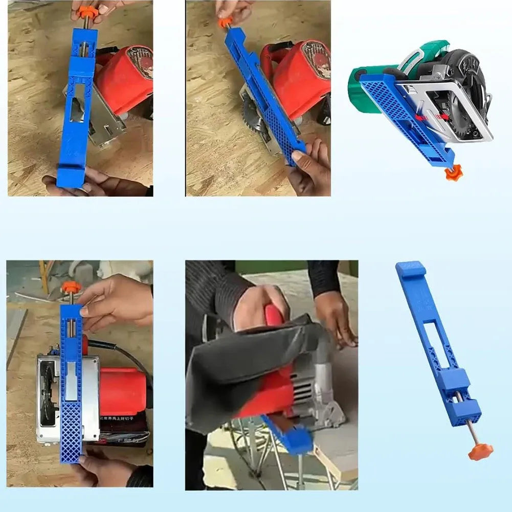 Circular saw edge guide positioner clamps, blue with orange locking knobs