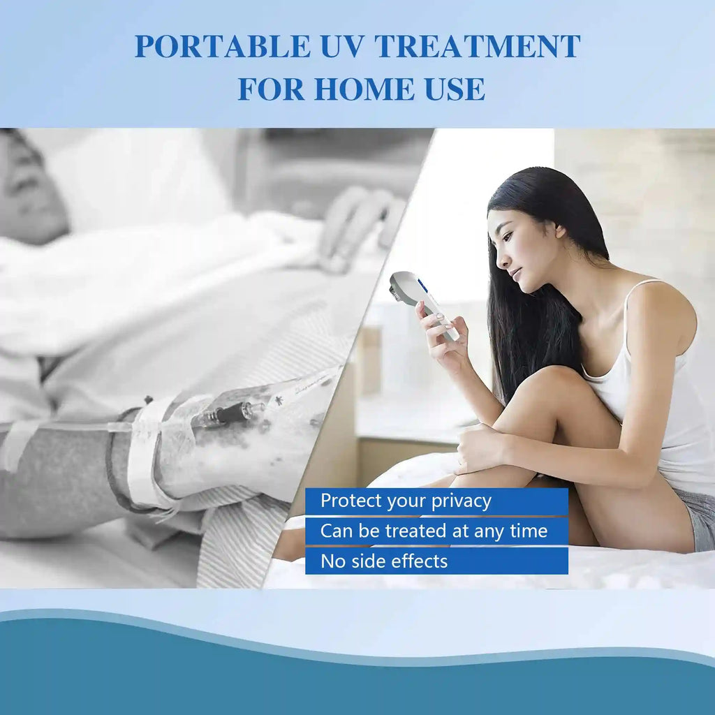 Handheld white plastic UV phototherapy device for home skin treatment, shown being used by a woman.
