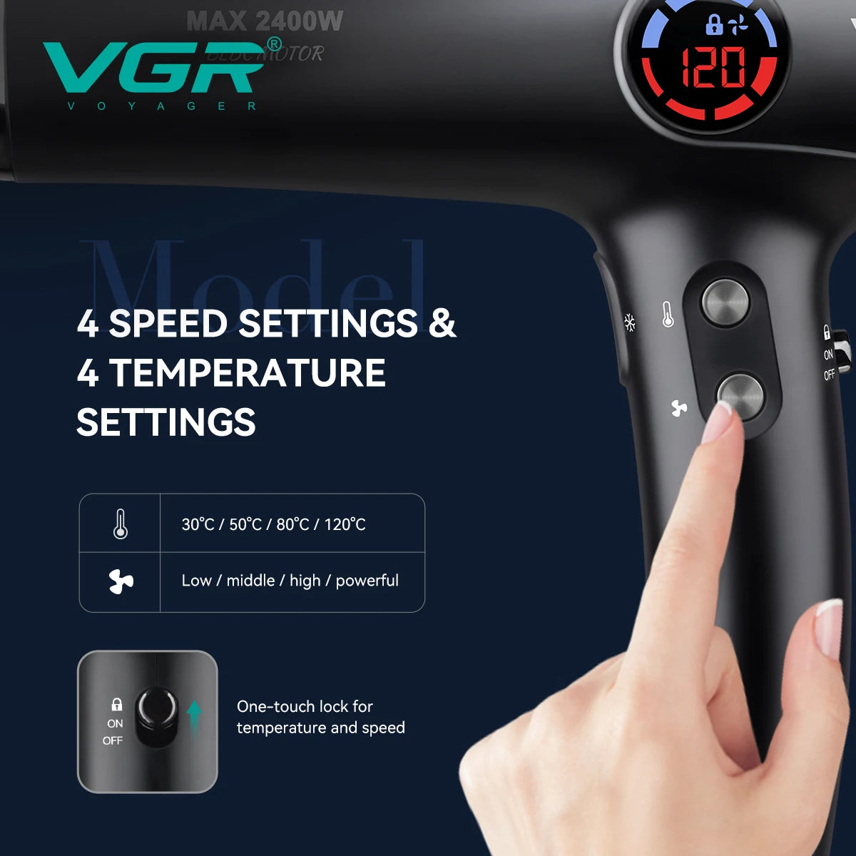 VGR V-469 professional hair dryer in black with LED display, 4 speed/temp settings, and one-touch lock button.
