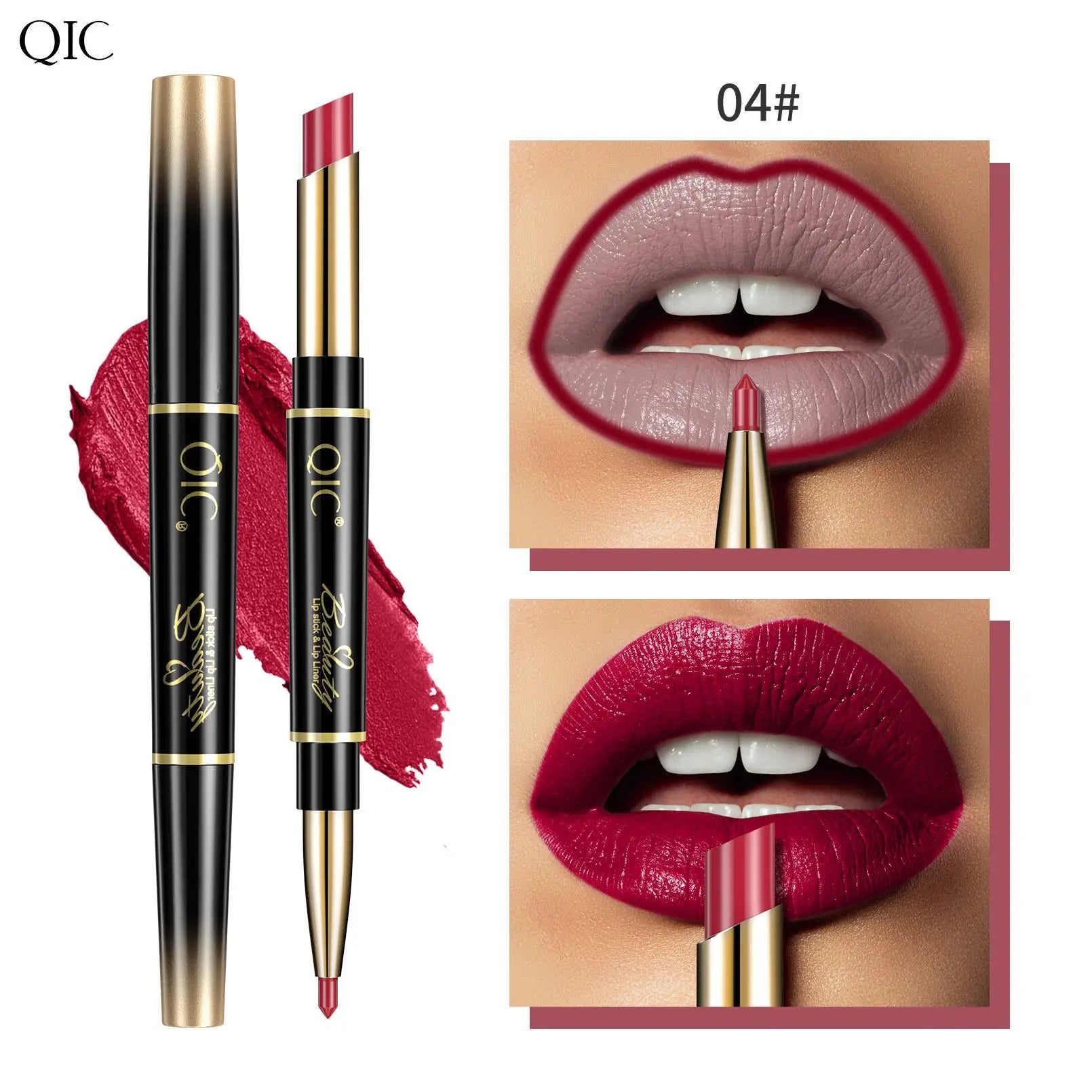 2-in-1 waterproof red matte lipstick and lip liner pencil for long-lasting, defined, full-coverage lip makeup.
