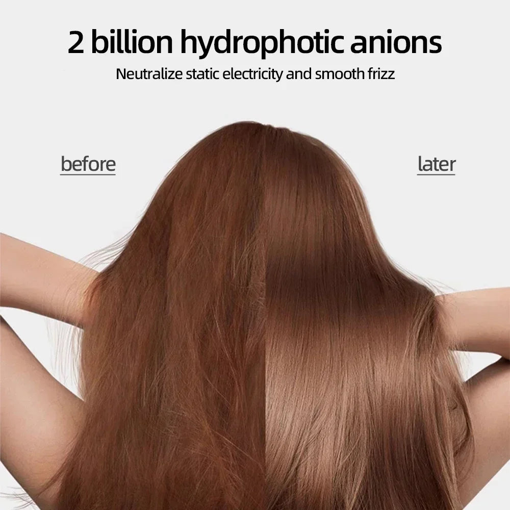 Negative ion hair dryer treatment showing before and after frizz reduction for smooth, shiny salon-quality hair.