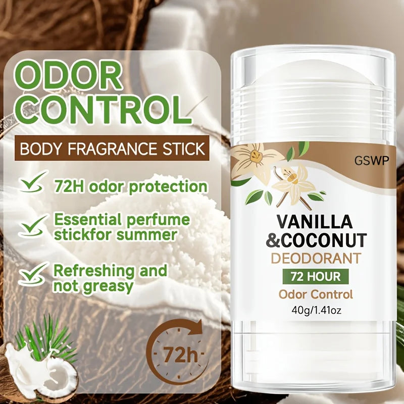 Tidesmit GSWP vanilla and coconut aluminum-free deodorant stick for 72-hour light, non-greasy fragrance protection.