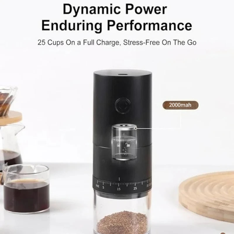 Black portable electric coffee grinder with 2000mAh battery for 25-cup capacity on a single charge.