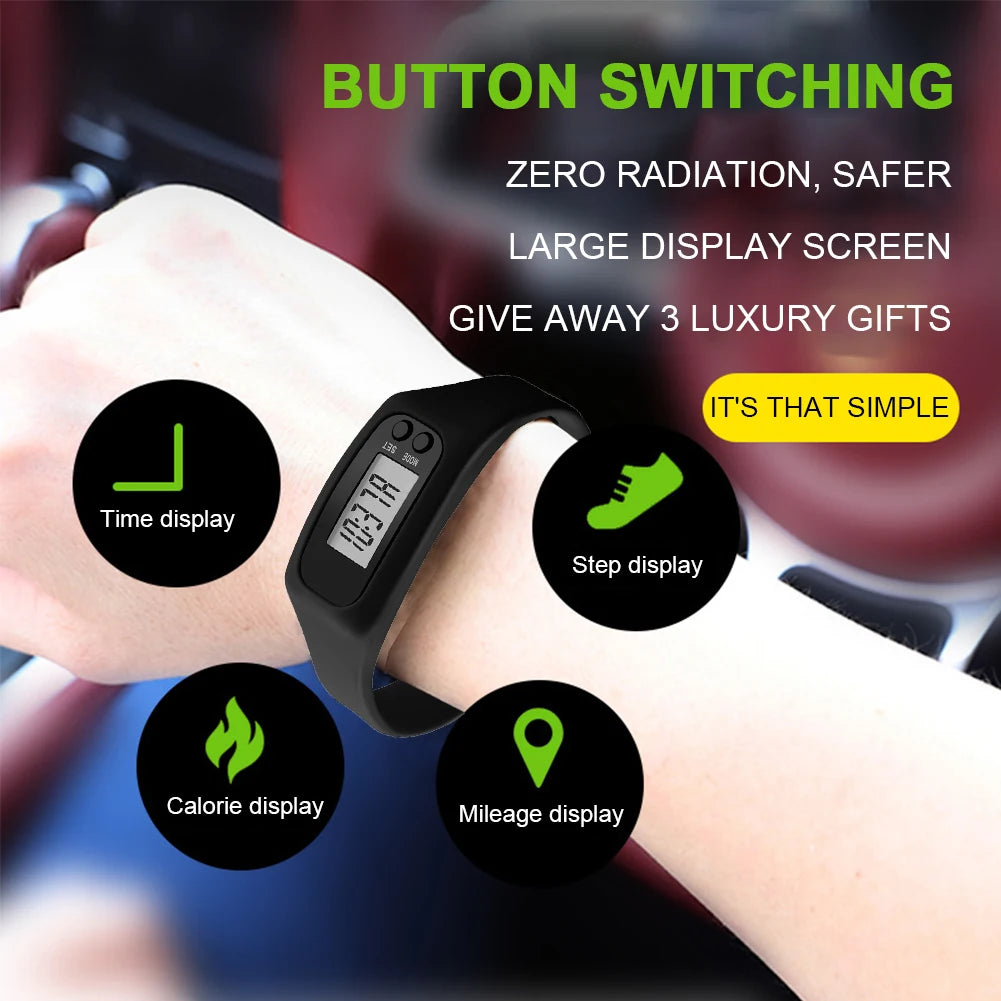 LED Pedometer Bracelet Step Counter Watch 12/24H Time Display Silicone Step Tracker Multi-Function Fitness Watch for Adults kids