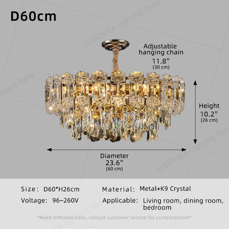 Modern Crystal LED Chandelier for High Ceilings - Adjustable Light D60CM Tidesmit