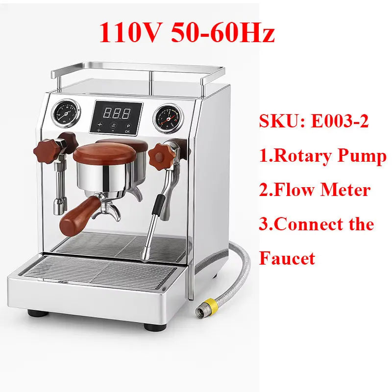Stainless steel commercial espresso machine with rotary pump, flow meter, digital display, and wood accents.
