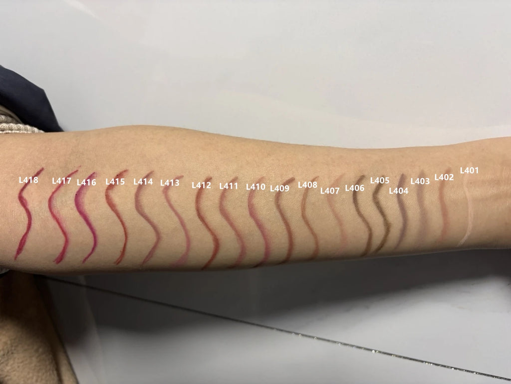 Arm swatch of long-lasting matte lip liners in varied shades from nude to berry for precise lip makeup application.