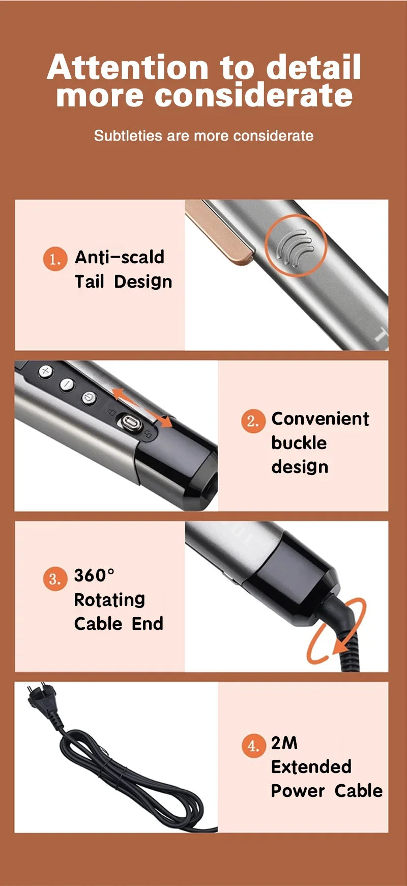 TINSOL 2-in-1 hair straightener and curler features anti-scald design, locking buckle, and 360° swivel power cord.