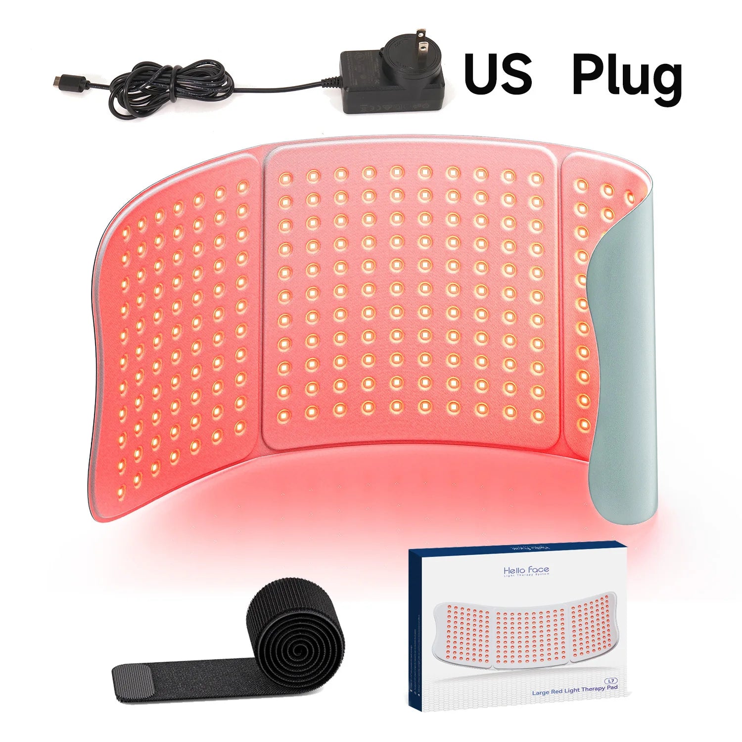 Large, flexible red light therapy mat with 792 LED bulbs, power cord with US plug, velcro strap, and retail box.