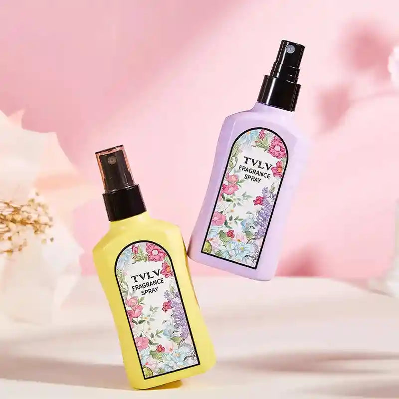 TVLV long-lasting jasmine fragrance spray for women. Rectangular yellow and purple bottles with floral label designs.