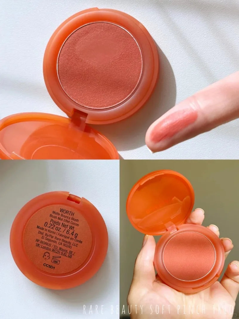 Rare Beauty Soft Pinch Matte Bouncy Blush in Worth: a warm coral, cream-to-powder blush with smooth, matte texture.