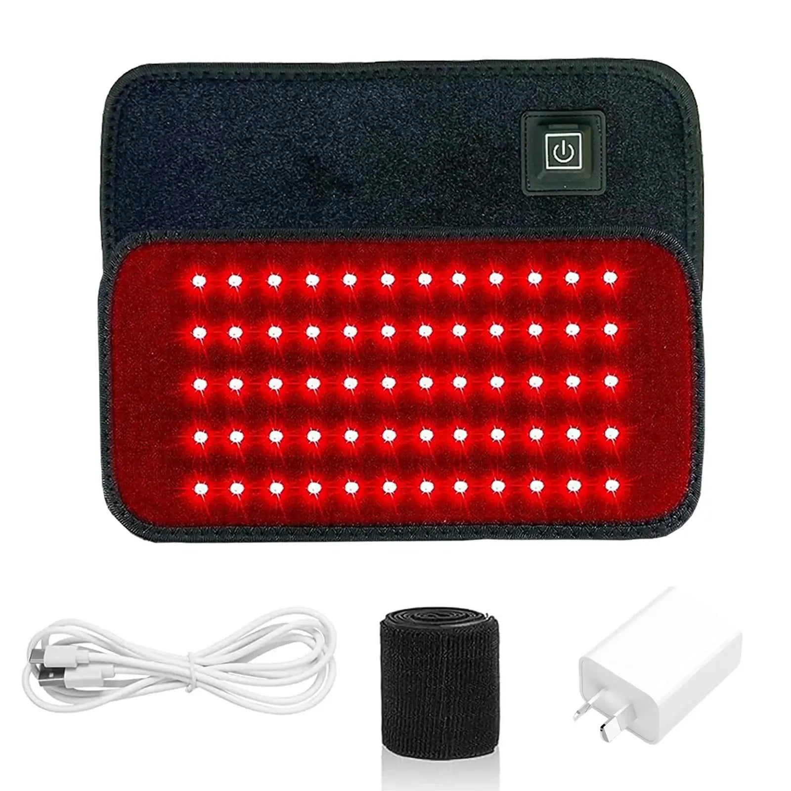 Red light therapy belt with 60 LEDs, power button, USB cable, black fabric strap, and wall plug.