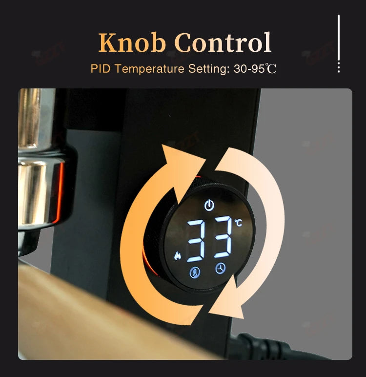 Black espresso machine digital PID temperature control knob with LED display for precise heating from 30 to 95 degrees.