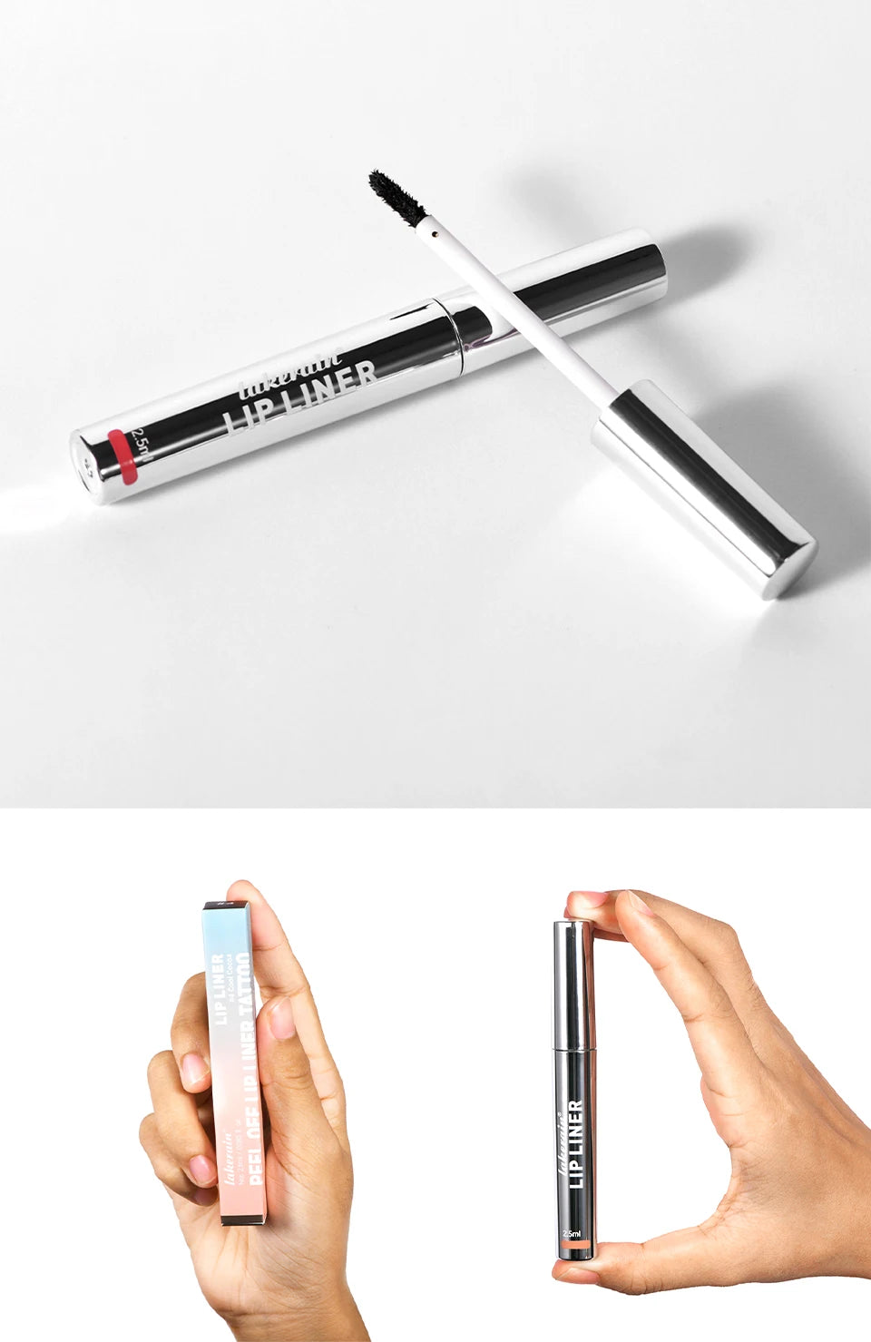 Waterproof matte peel-off lip liner in silver packaging with applicator brush for long-lasting lip makeup enhancement.