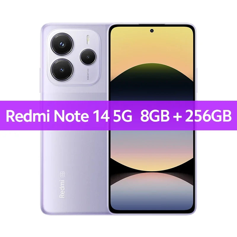 Redmi Note 14 5G purple smartphone, 108MP camera, 6.67" AMOLED display, 8GB+256GB, front and back view.