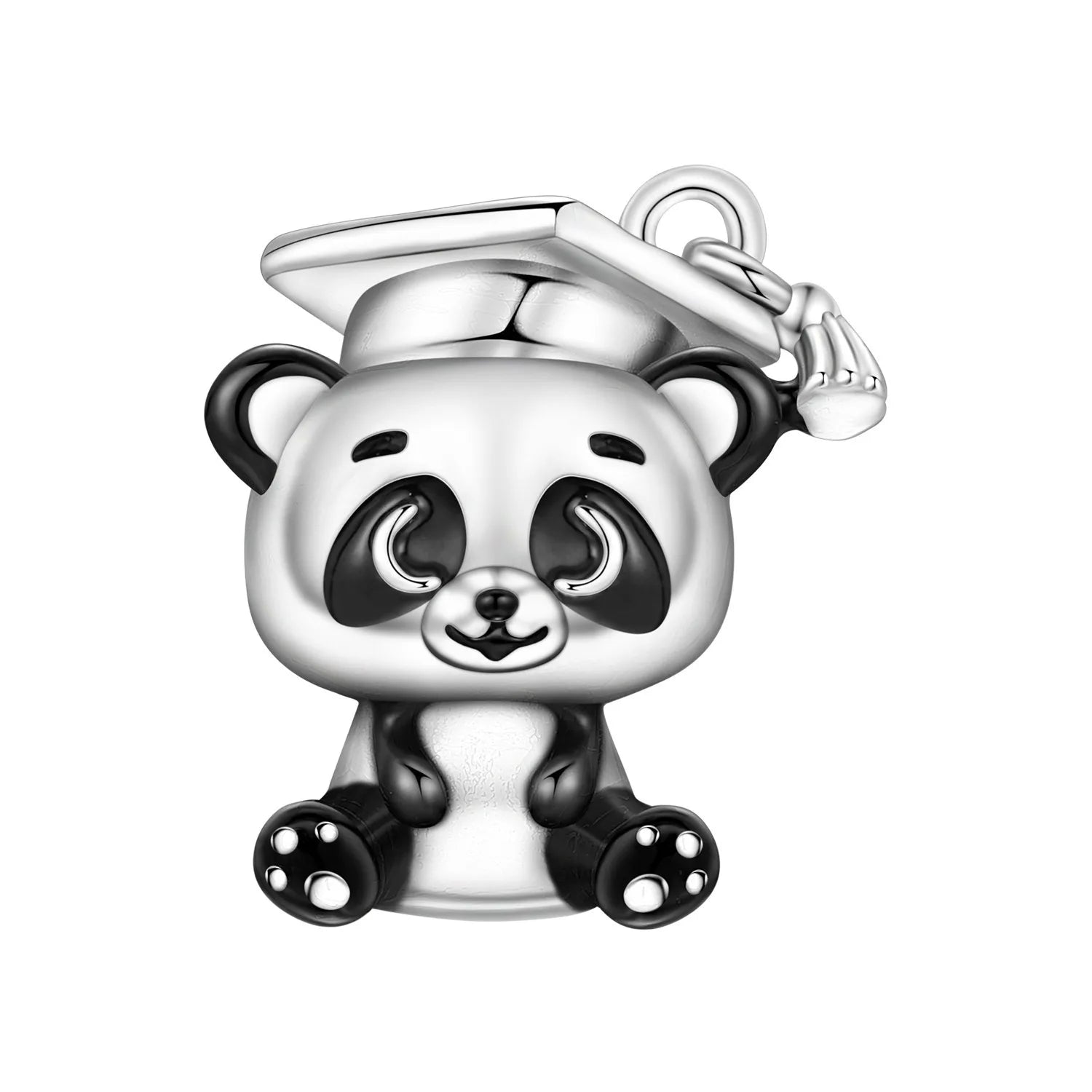 925 sterling silver panda bear charm pendant with graduation cap for DIY bracelets, cute jewelry gift for pet lovers.