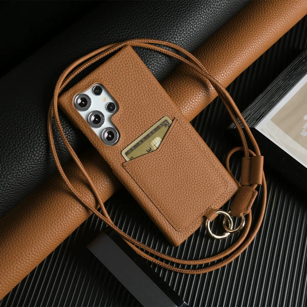 Genuine Leather Samsung Galaxy S24 Ultra Case with Adjustable Lanyard Vintage Brown China Mainland Tidesmit