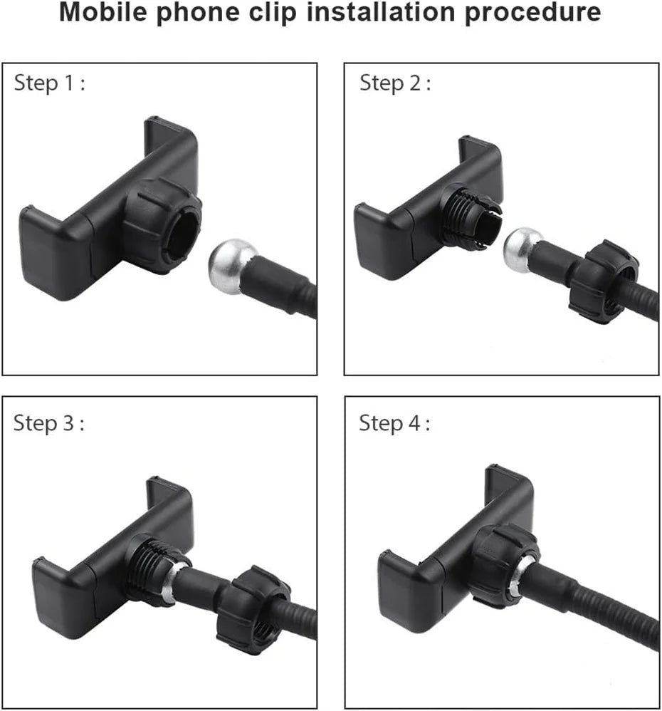 Four-step diagram showing the assembly of a black plastic mobile phone holder onto a ball-jointed flexible arm.