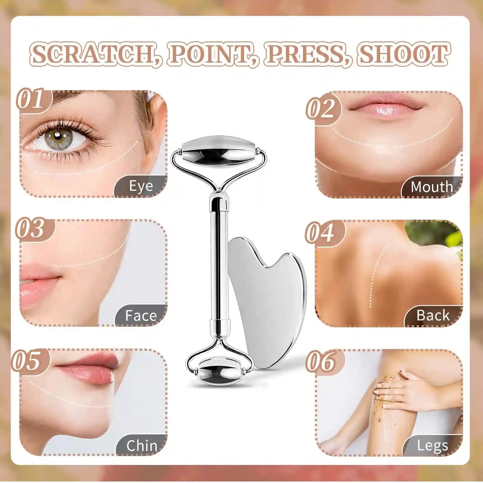Stainless steel facial roller and heart-shaped gua sha tool surrounded by diagrams showing use on face and body.