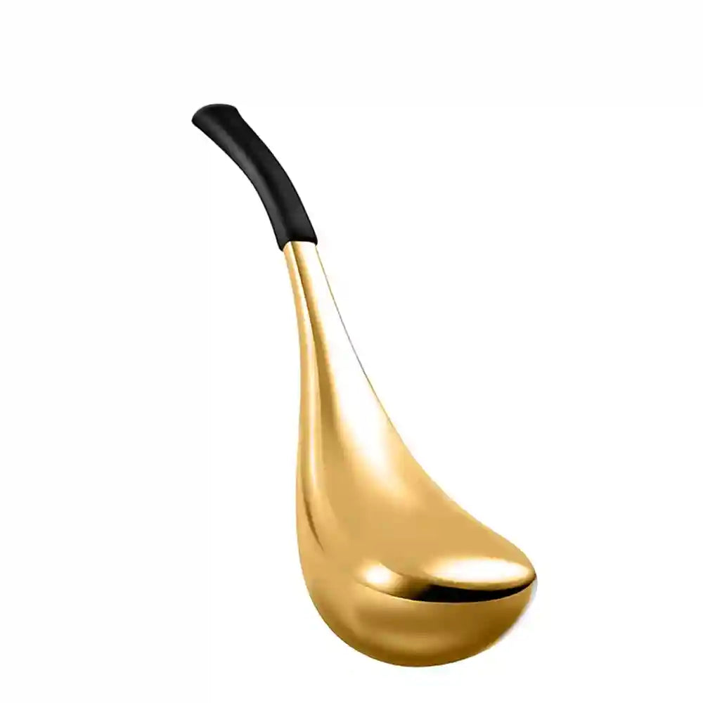 Gold-colored teardrop-shaped facial cooling wand with a black ergonomic handle, isolated on a white background.