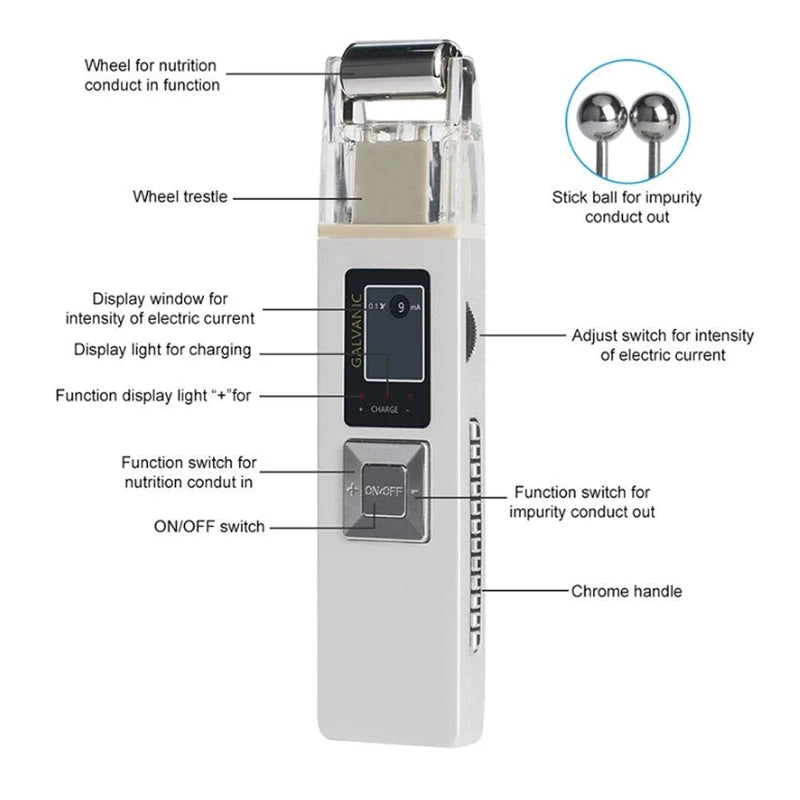 White handheld galvanic facial lifting device with a metal roller head, digital display, and labeled control buttons.