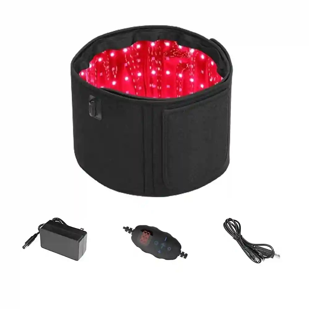 Black LED light therapy wrap with red inner lights, shown with a power adapter, controller, and connection cable.
