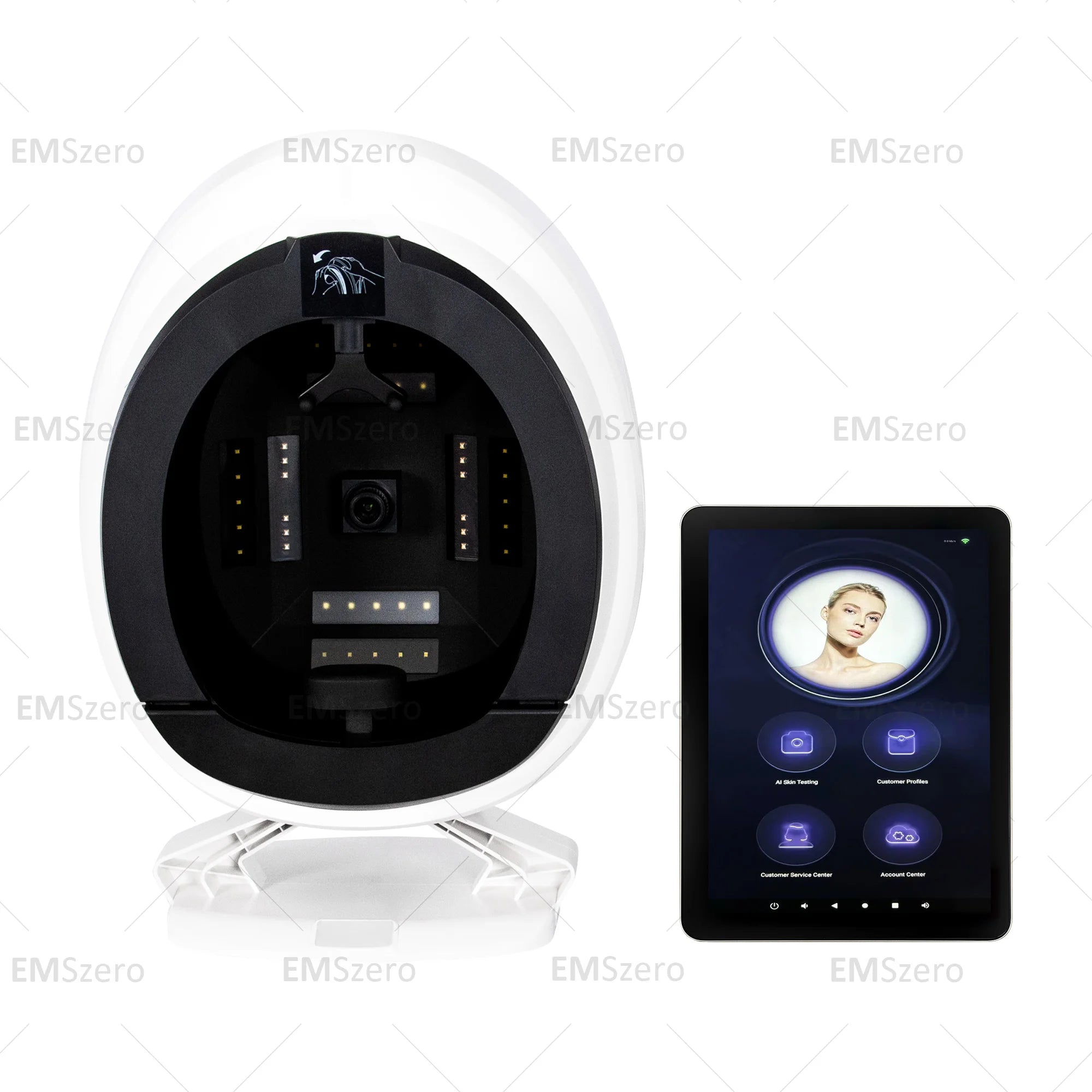 White smart facial skin analysis machine with LED scanner and tablet display for anti-aging and skin health testing.