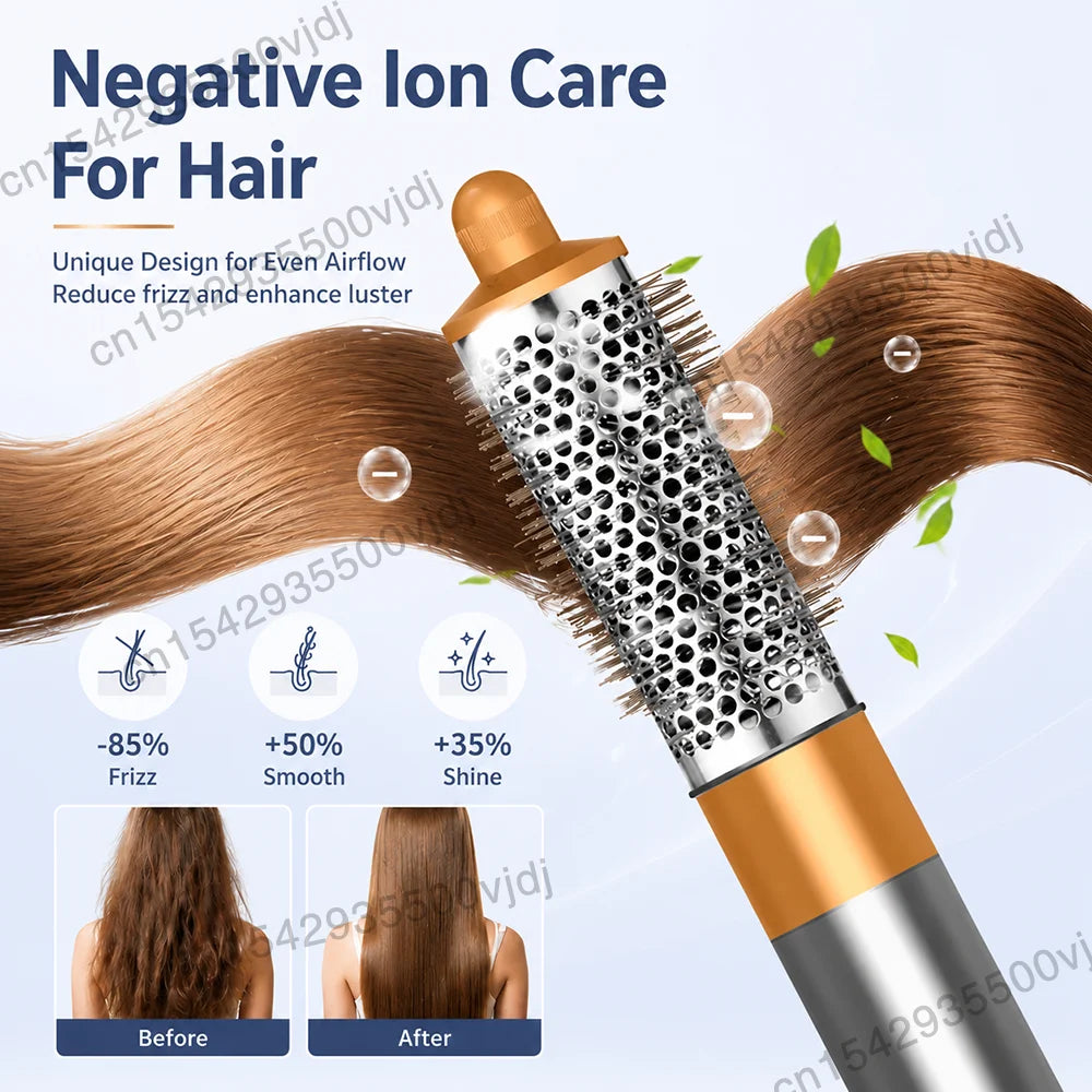 7-in-1 ionic hair dryer brush with gold and silver design, featuring a round barrel attachment for smooth, shiny hair.