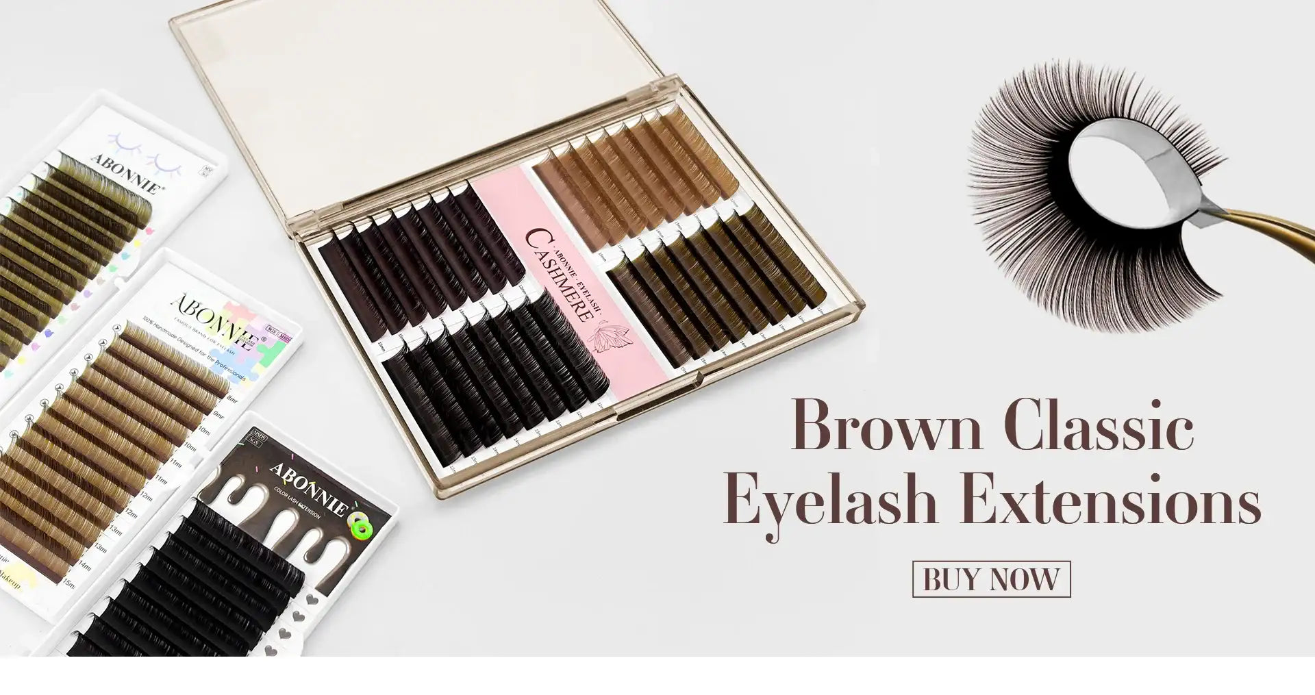 Abonnie brown silk eyelash extension trays and a fan-style lash display on a white background.