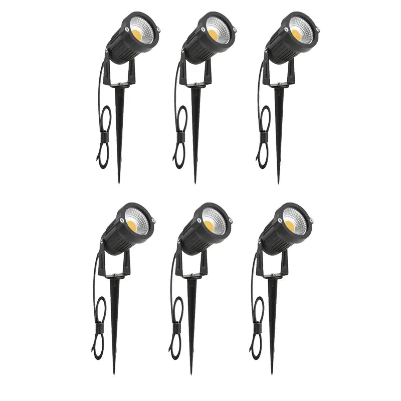 Set of black LED landscape spike spotlights with short cable loops and stakes
