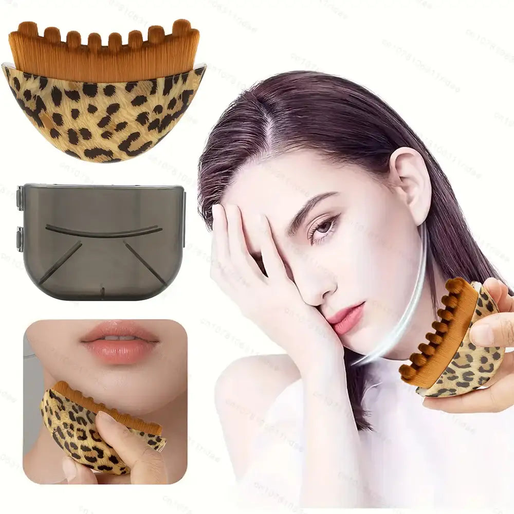Leopard-print curved contour makeup brush with a protective case, used for defining jawlines and blending face powder.
