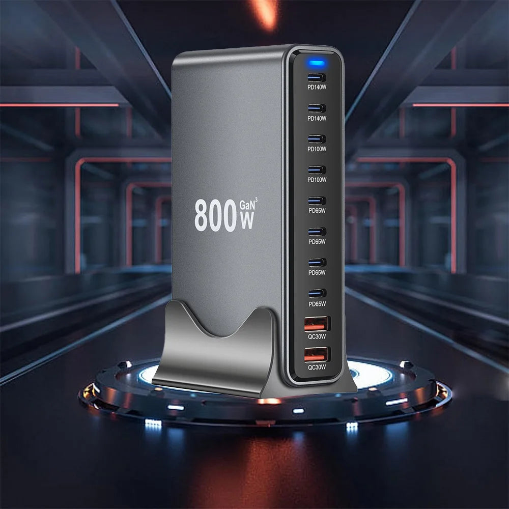 800W GaN 10-Port USB-C Desktop Charger - Fast Multi-Device Power Station Tidesmit