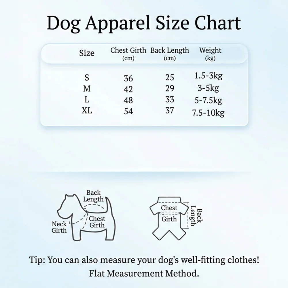 Size chart for thermal dog shirts for small breeds like Yorkies and Bichons to ensure a perfect, warm fit.