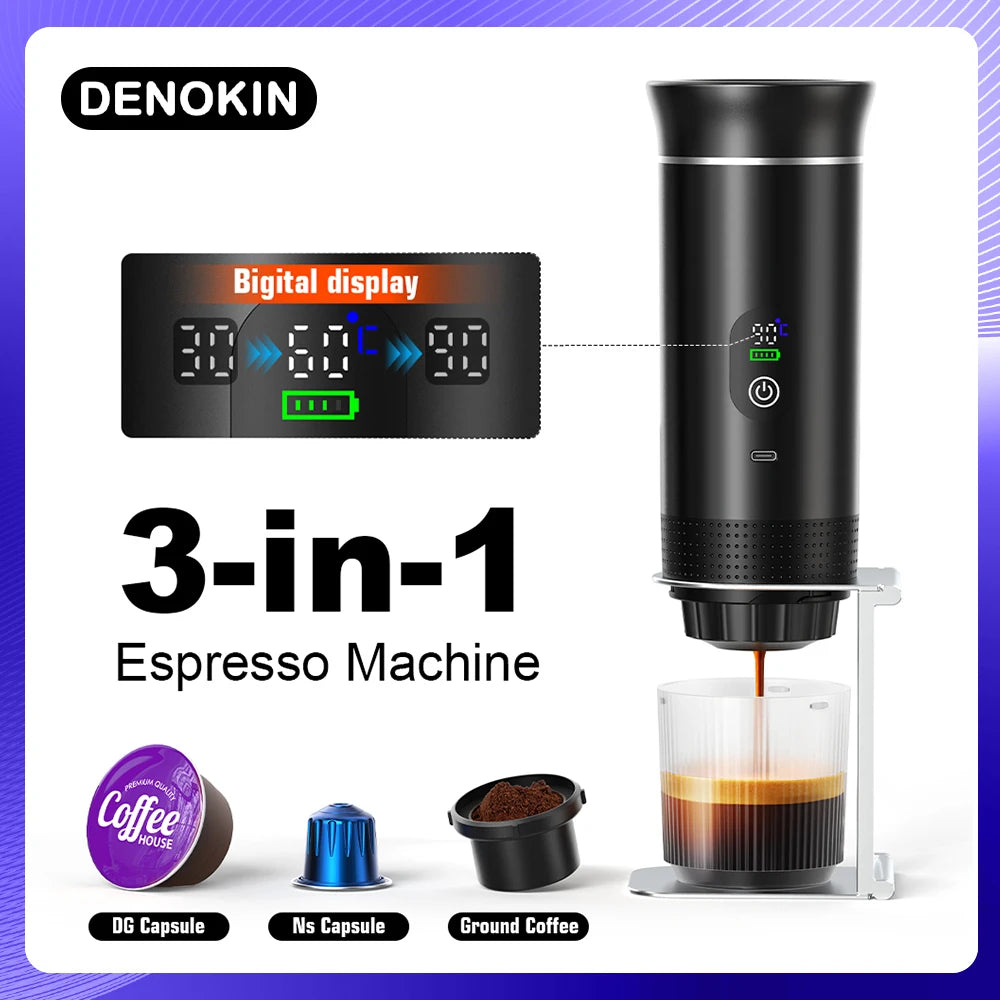 DENOKIN 3-in-1 portable espresso machine, black, with digital display, battery indicator, and coffee capsule pods.
