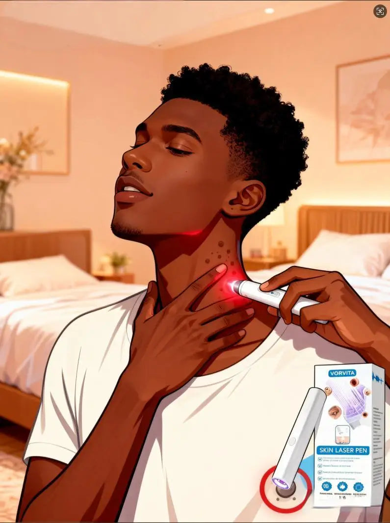 A person uses a white, handheld cylindrical skin laser pen to treat spots on their neck with a glowing red light.