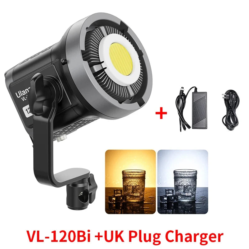 VL-120Bi COB LED video light with swivel mount, power adapter, and UK plug cable for adjustable color studio lighting.