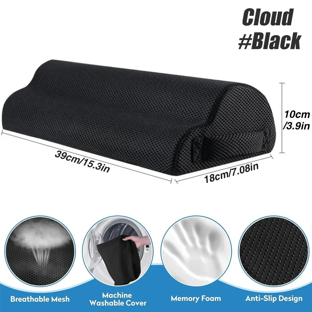 Black ergonomic memory foam foot rest for under desk with washable mesh cover and anti-slip base, 39x18x10cm.