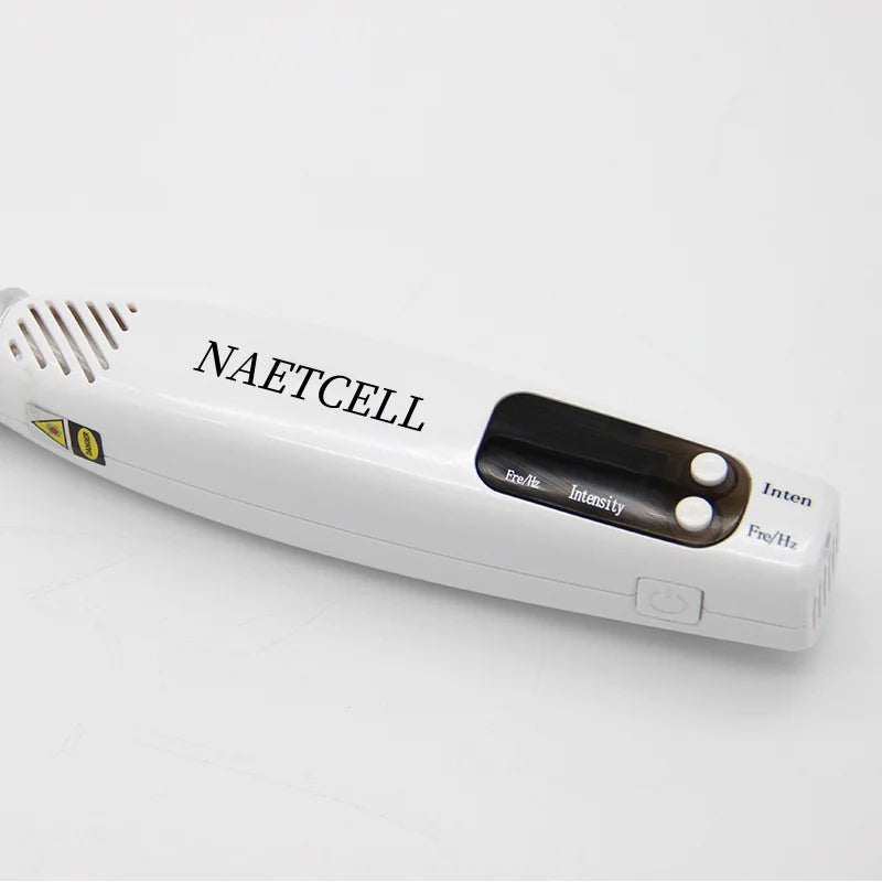 White NAETCELL picosecond laser pen for facial skin pigment, tattoo, mole, and acne removal with intensity settings.