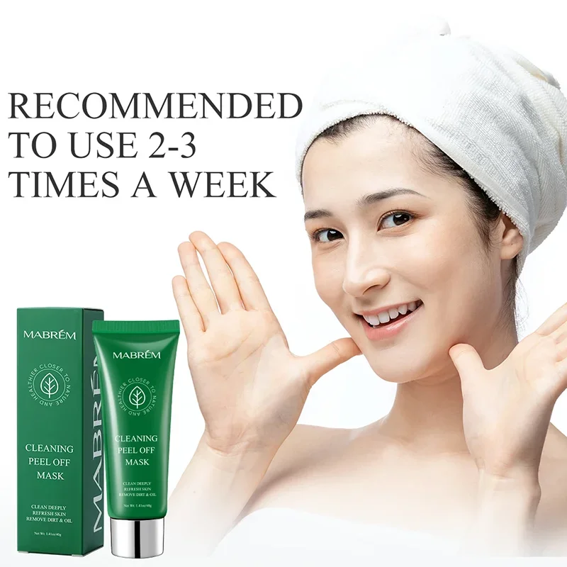 Mabrem green peeling mask tube and box next to a smiling woman with a towel on her head.