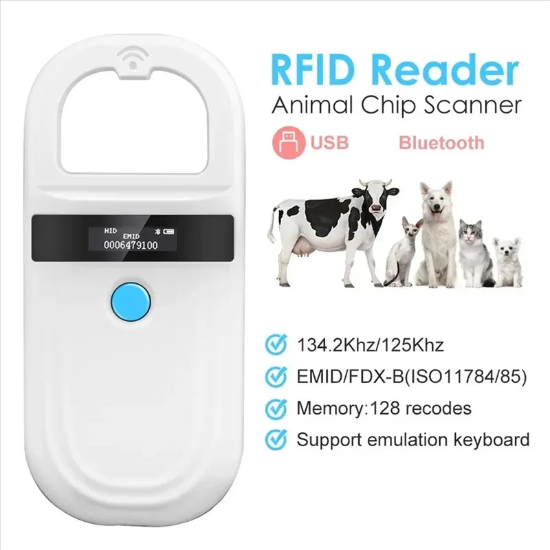 White handheld pet microchip scanner with OLED display for scanning RFID chips on dogs, cats, and livestock via USB.