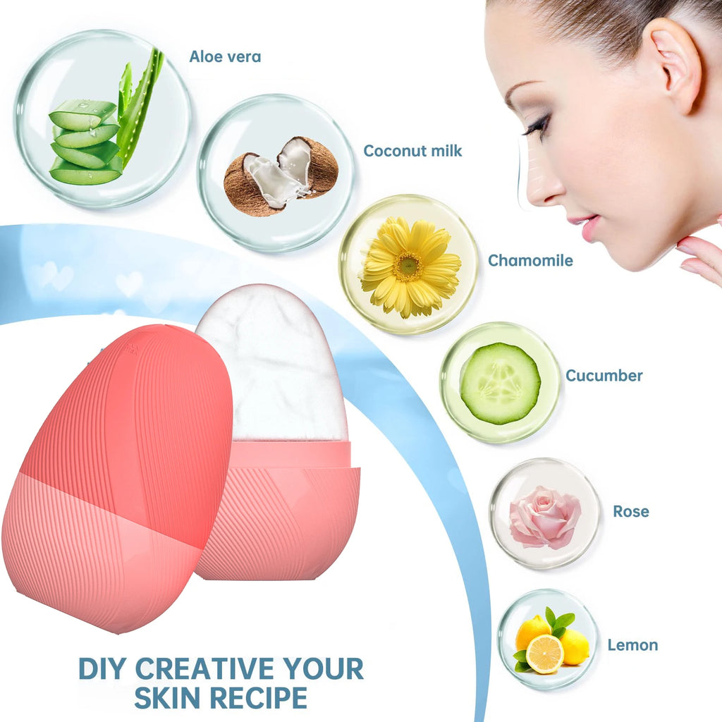 A coral-pink silicone ice face roller with ingredients like aloe, coconut, and flowers for DIY skincare recipes.