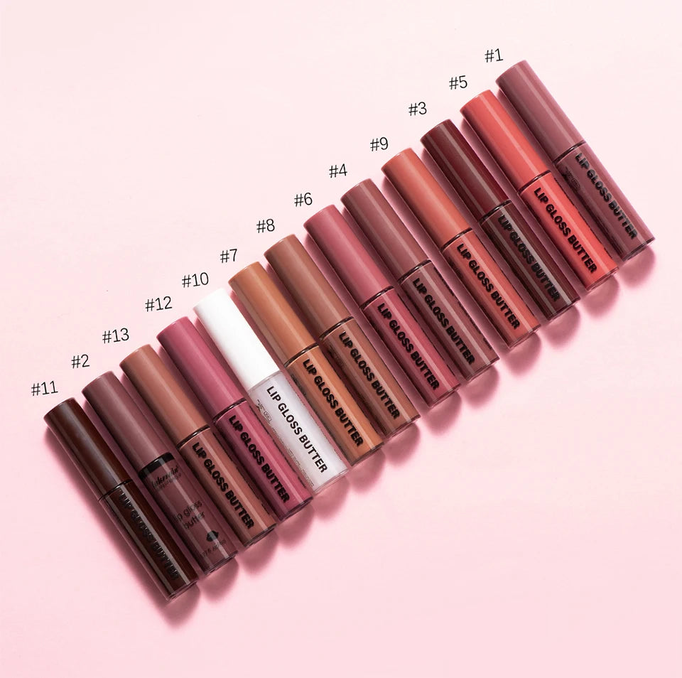 Set of 13 butter lip glosses featuring moisturizing, non-stick, mirror-finish shades ranging from nude to deep brown.