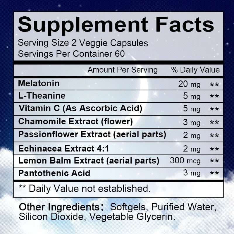 Daitea Melatonin Supplement 40mg Contains Vitamin C Theanine Extract Capsules to Promote Sleep Quality & Alertness Non-GMO